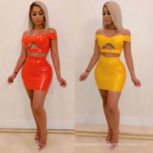 Sexy Clubwear Off Shoulder PU Slim Crop Top And Skirt Lady 2 Piece Set